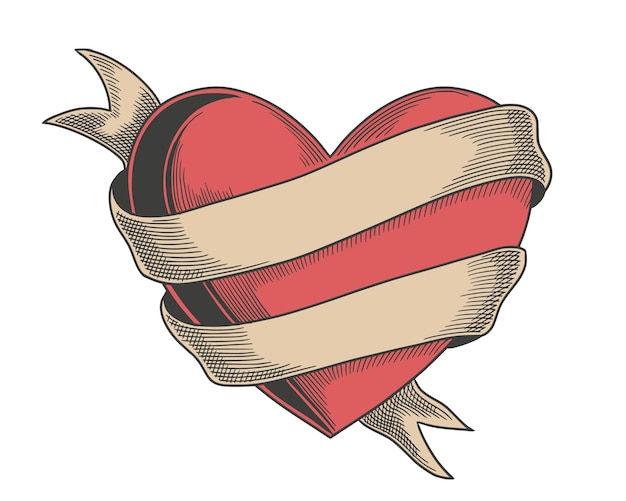 heart with ribbon with Engraving style. Vector vintage Illustration