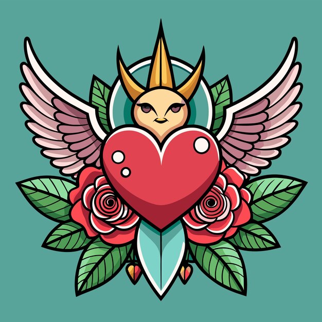 Vector heart with roses valentine red love hand drawn cartoon character sticker icon concept isolated