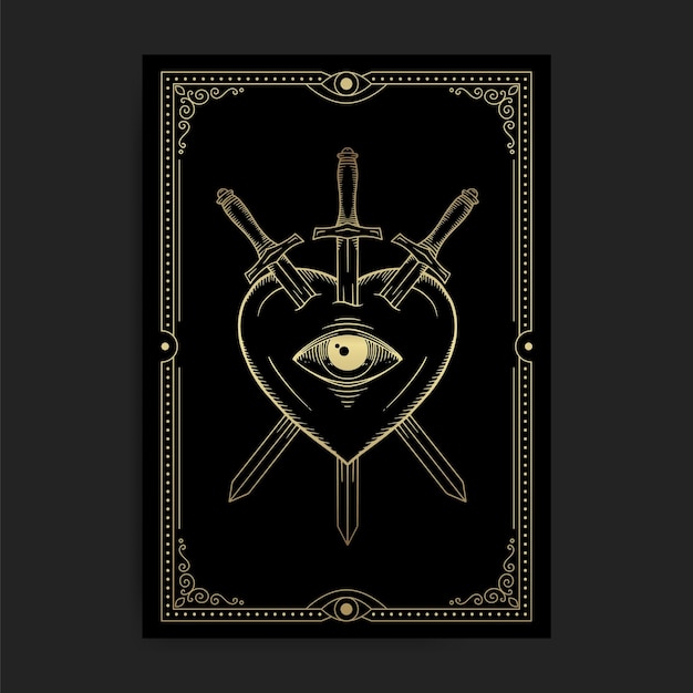 Heart with three swords and one eye in golden engraving style