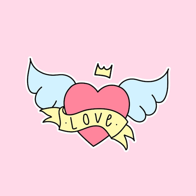 Vector heart with wings and crown with love text