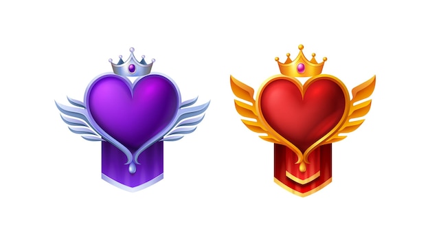 heart with wings game rank award badge trophy with heart and crown on top red and Purple
