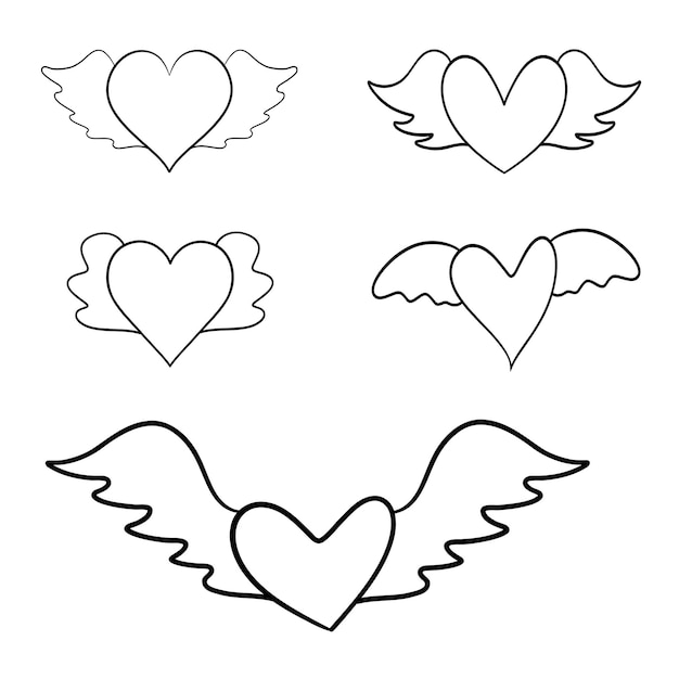 Vector heart with wings hand drawn line drawing on white background isolated