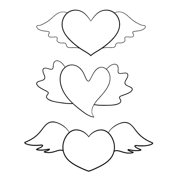 Heart with wings hand drawn line drawing on white background Isolated