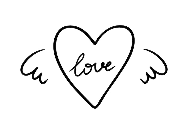 Heart with wings and inscription love doodle linear cartoon coloring book