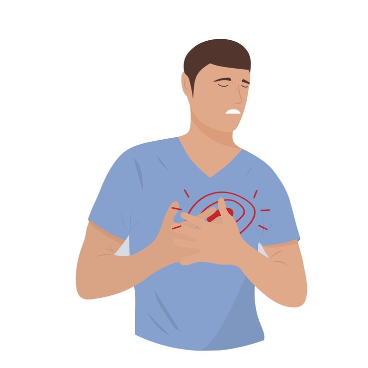 Vector heartache man with heart attack character with chest pain painful expression on face