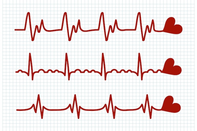 Vettore set di icone di battito cardiaco il cuore rosso batte su un foglio a scacchi cardiogramma del cuore elementi di design