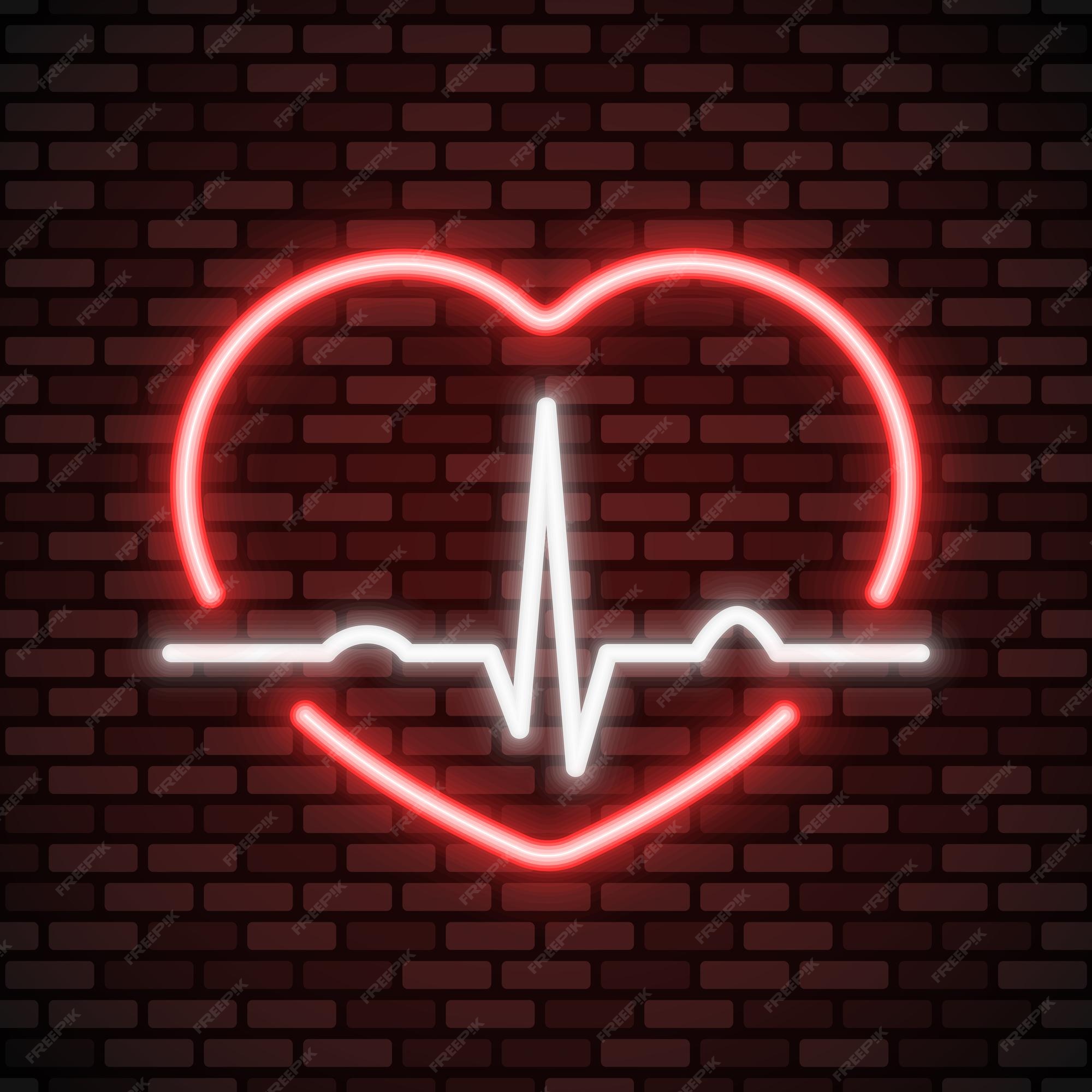 Premium Vector  Heartbeat neon icon red neon heart with white cardiogram  on black brick wall background