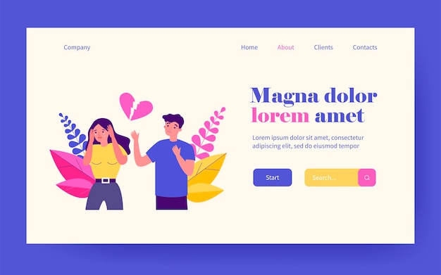 Heartbroken couple splitting up. Stressed upset man and crying woman separating flat vector illustration. Breakup, unhappy relationship concept for banner, website design or landing web page