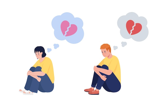 heartbroken teenager semi flat color vector character set. sitting figure. full body people on white. teen issue isolated modern cartoon style illustration for graphic design and animation collection