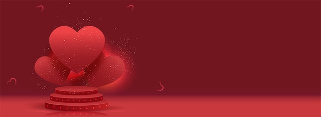 Hearts Over 3D Podium Decorated Golden Particles On Red Background.