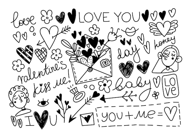 Cuori frecce baci amore calligrafia vector set san valentino e matrimonio doodle disegnato a mano