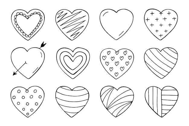 Hearts collection in doodle style Hand drawn vector illustration Happy valentines day