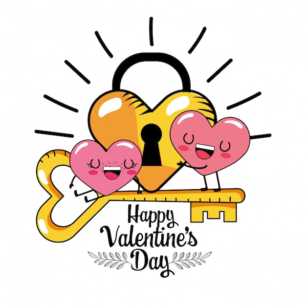 Vector hearts couple with padlock and key to valentines day