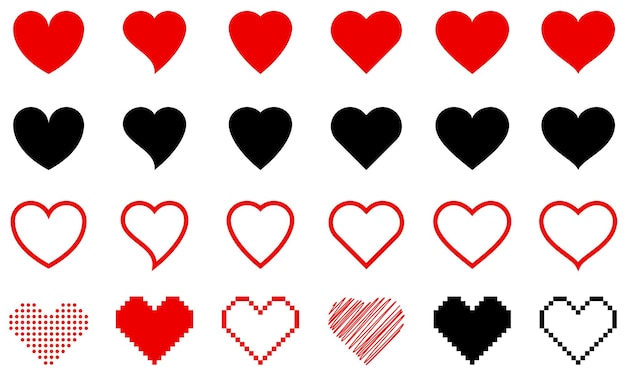 Hearts of different shapes . Big set of different isolated red hearts. Vector elements for your design.
