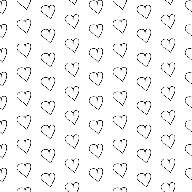 Hearts doodle pattern. Hand-drawn black hearts on white background. Seamless vector backdrop. Black and white.