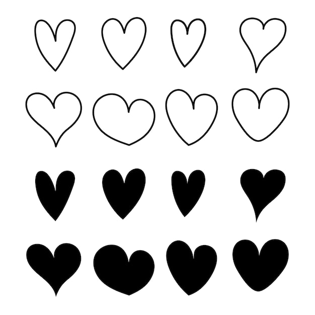 Hearts Doodle Set In Outline And Glyph