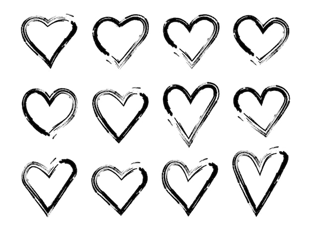 Hearts grunge hand drawing graphic black ink brush set. Vector illustration