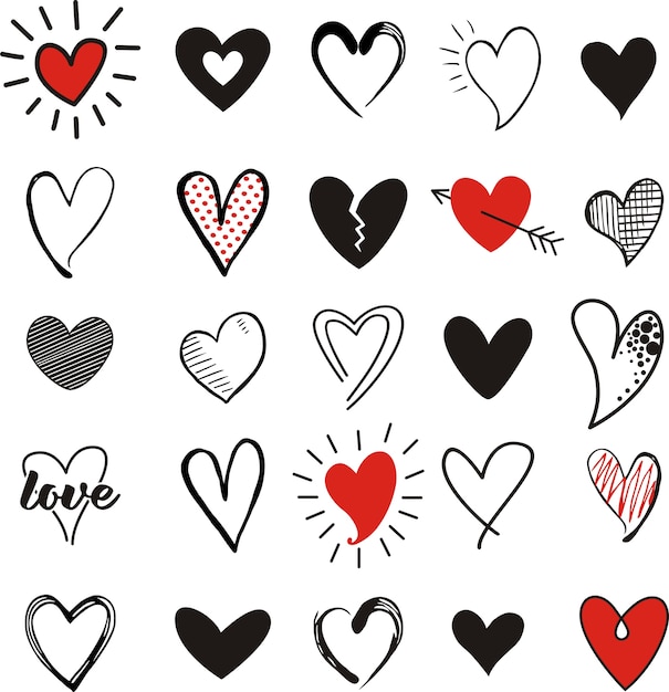 Hearts hand drawn icons set