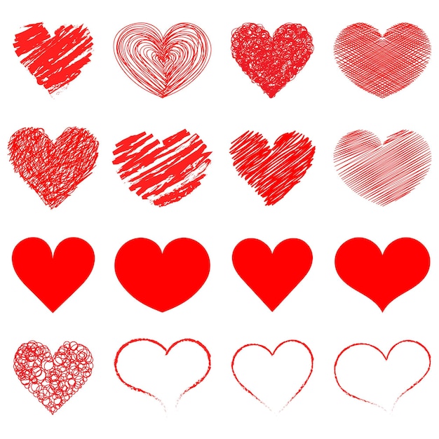 Collezione di icone di cuori. trasmissione in diretta di video, chat, mi piace. raccolta di illustrazioni di cuore, set di icone simbolo di amore. cuori rossi. disegnato a mano.