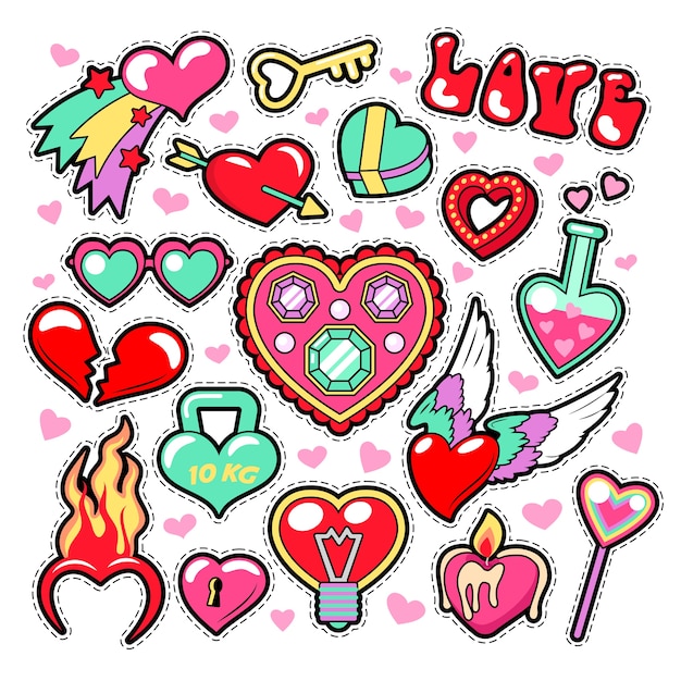 Hearts love badges, stickers, patches voor romatic scrapbook.