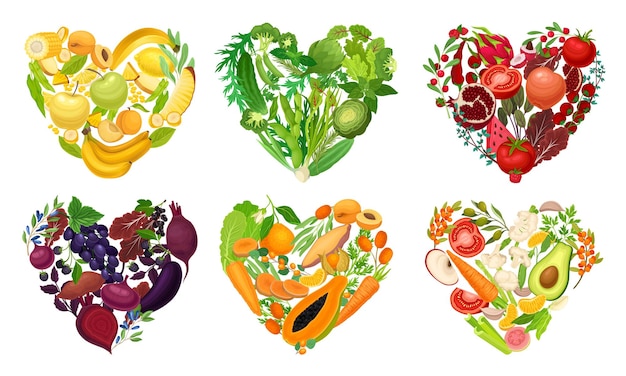 Hearts of Juicy and Bright Vegetables and Fruits Vector Set (Hart van sappige en heldere groenten en vruchten)