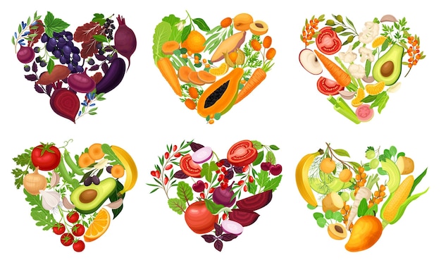 Hearts of Juicy and Bright Vegetables and Fruits Vector Set (Hart van sappige en heldere groenten en vruchten)