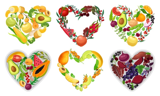 Hearts of Juicy and Bright Vegetables and Fruits Vector Set (Hart van sappige en heldere groenten en vruchten)