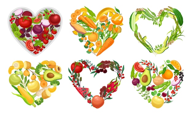 Hearts of Juicy and Bright Vegetables and Fruits Vector Set (Hart van sappige en heldere groenten en vruchten)