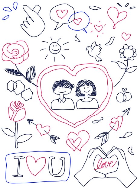 Vector hearts and other romantic element handdrawn design scribbles marker for love and couple