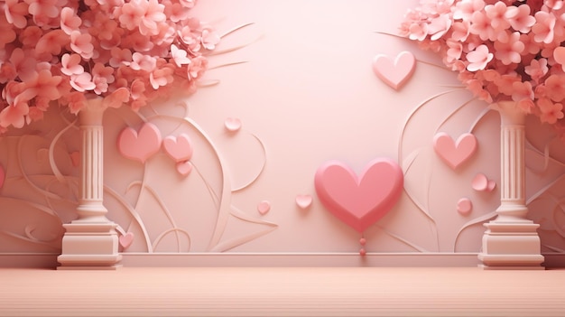 Vector hearts on a pink background with hearts and flowers