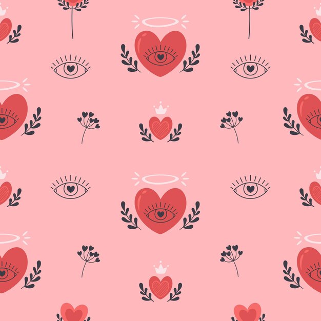 心のシームレスなパターン。バレンタインデー、ロマンチックで愛の要素。目と花のハート