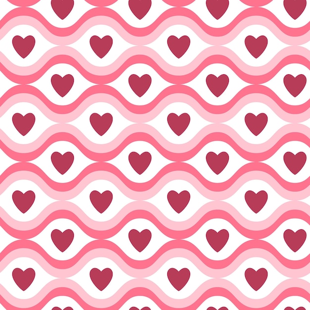 Vector hearts and waves seamless retro style vector pattern in pink shades.