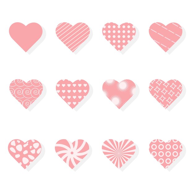 Hearts with different geometric patterns. Set of hearts with different ornaments.