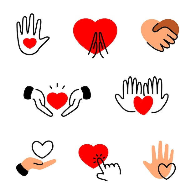 Vector hearts with hands icons set illustration