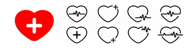 Hearts with pulse beat sign line icons set illustration
