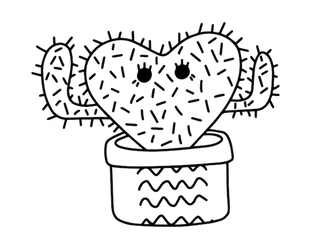 Heartshaped cactus with needles in a pot indoor plant for interior doodle cartoon line