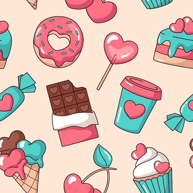 Vector heartshaped desserts sweet fast food with hearts seamless pattern background