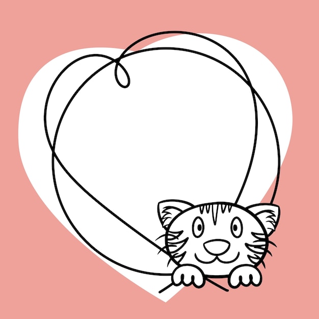 Рамка в форме сердца с пустым пространством для копирования милого улыбающегося котенка Векторный эскиз