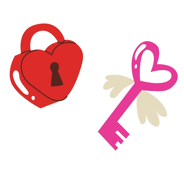 Heartshaped lock and key with wings Happy Valentines Day symbols All lovers Day decoration element