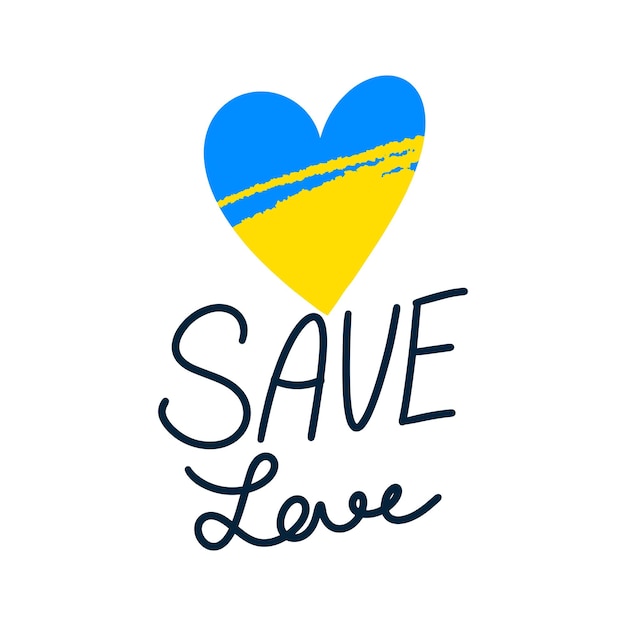 Heartshaped stickers in the colors of the Ukrainian flag with the inscriptions save love