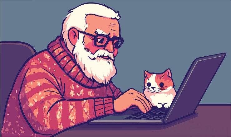 Vector heartwarming moment grandfather in a cozy sweater typing