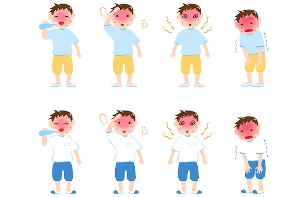 Heat stroke and boy illustration set