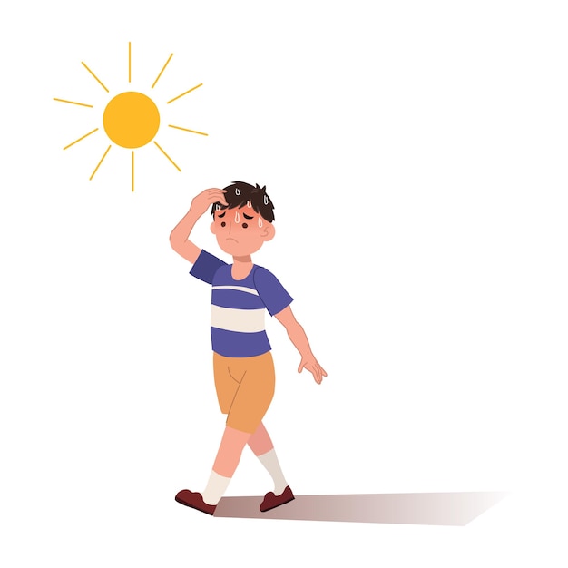 Heat stroke conceptsunstroke and sunburn risk little boy under burning sun high temperature hot weathersummer