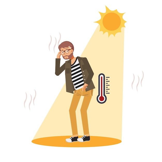 熱射病の概念日射病と日焼けの危険性のある人が燃える太陽の下で高温暑い夏