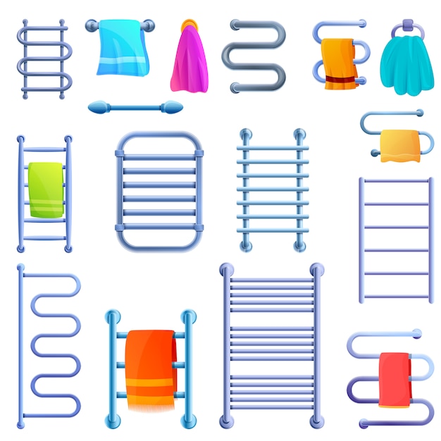 Heated towel rail icons set, cartoon style