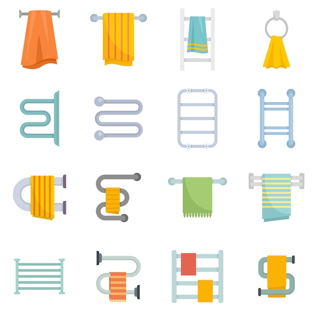 Heated towel rail icons set. Flat set of heated towel rail vector icons isolated on white background