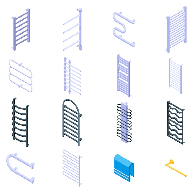 Heated towel rail icons set, isometric style