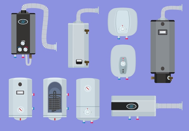 Sistemi di riscaldamento. set di tecnologia calda della stazione di servizio della caldaia dell'acqua della casa. caldaia di illustrazione per la raccolta dell'acqua del riscaldatore