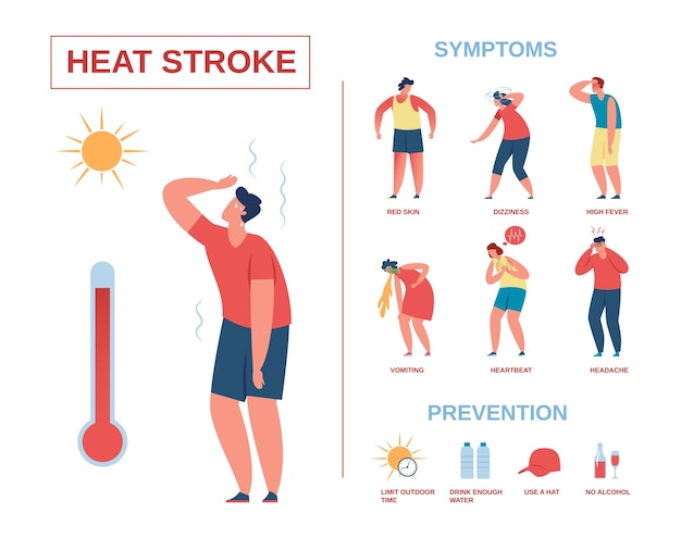 Poster infografico del colpo di calore sintomi e prevenzione del colpo di calore sicurezza solare estiva esaurimento da calore suggerimenti per il clima caldo illustrazione vettoriale