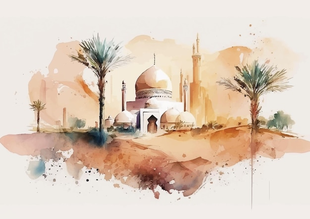 Vector heavenly hues with watercolor paintings of islamic mosques